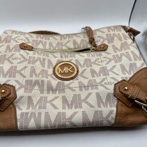 Michael Kors Cream and Tan MK Logo Shoulder Bag